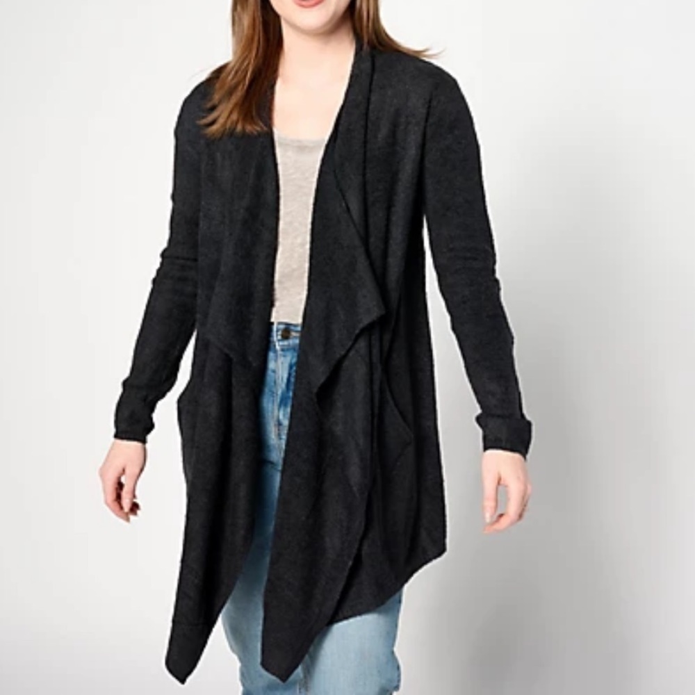 Barefoot Dreams Bamboo Chic Lite Black Waterfall Draped Open Longline Cardigan S